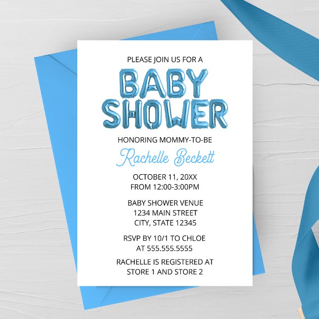 Convite de Chuvinha de Bebê com Balões Azuis (Blue Foil Balloon Letters Baby Shower Invitation)