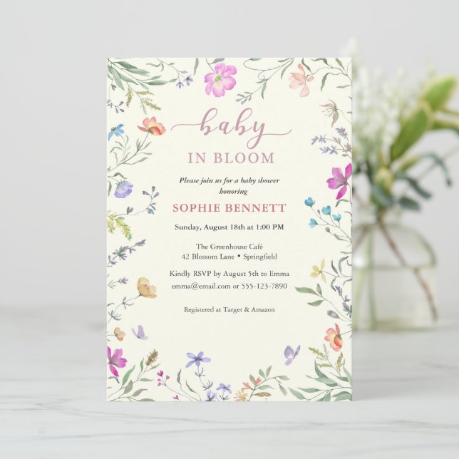Convite de Chuvinha de Bebê com Floral Delicado (Em pé/Frente)