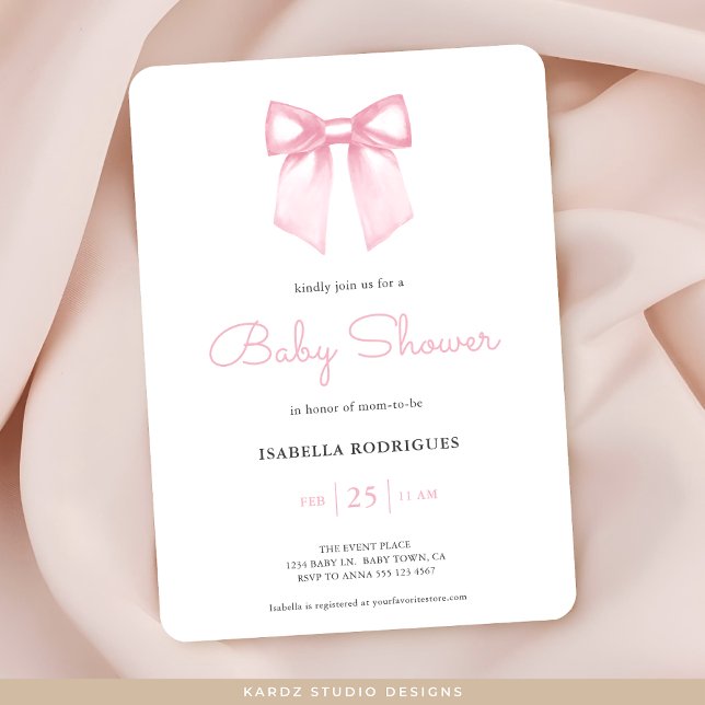 Convite de Chuvinha de Bebê com Laço Rosa Suave em (Invitation in 5 x 7 inches with rounded corners. Choose corner and paper style, prints or digital.)