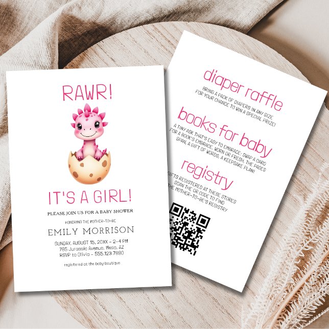 Convite de Chuvinha de Bebê Dinossauro Menina Rosa (Criador carregado)