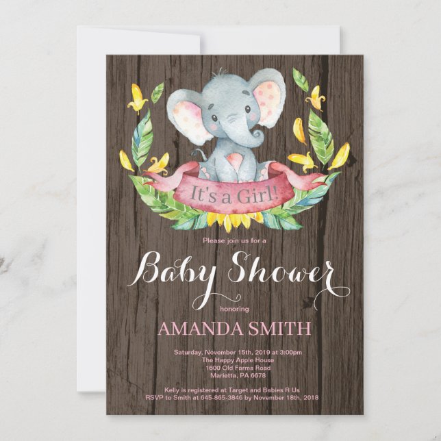 Convite de Chuvinha de Bebê Elefante Menina Rústic (Frente)