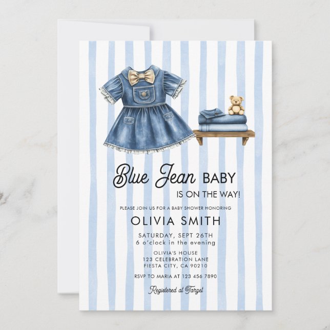 Convite de Chuvinha de Bebê em Denim Menina Baby B (Frente)
