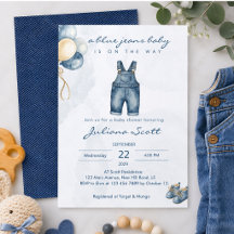 Convite de Chuvinha de Bebê em Jeans Azul Aguarela