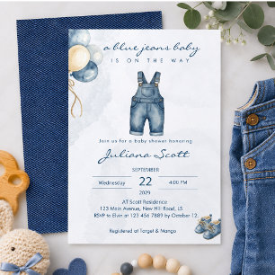 Convite de Chuvinha de Bebê em Jeans Azul Aguarela