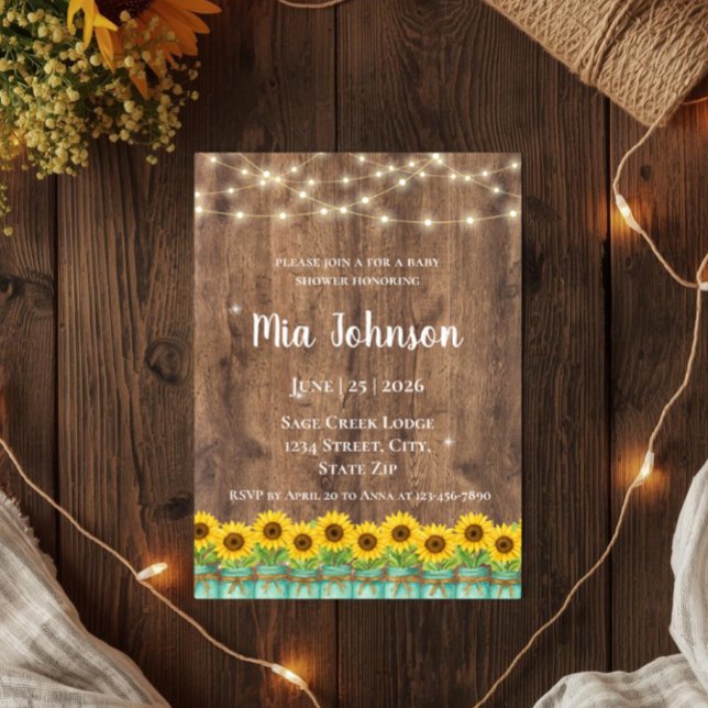 Convite de Chuvinha de Bebê em Pote de Pedra com G (Rustic Sunflower Baby Shower Invitation: Charming farmhouse wood, fairy lights, & floral mason jar.)