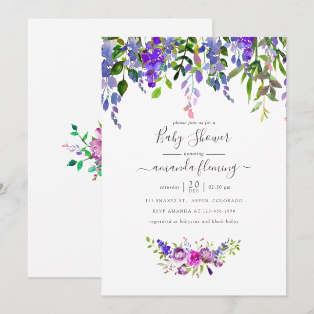 Convite de Chuvinha de Bebê Floral Violeta em Aqua (Frente/Verso)