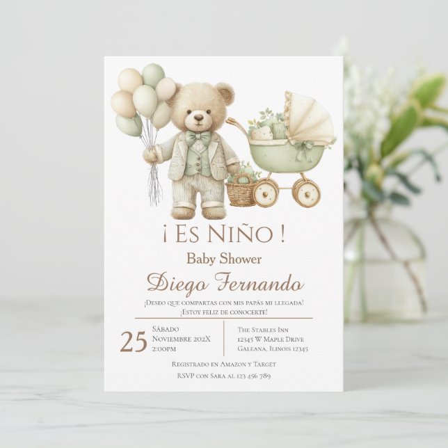 Convite de Chuvinha de Bebê Menino em espanhol (Em pé/Frente)