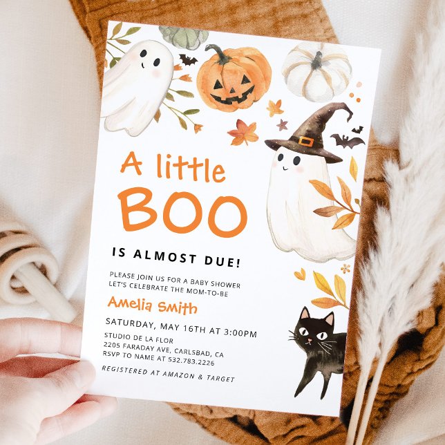 Convite de Chuvinha de Bebê no Halloween Little Bo (Little Boo Halloween Baby Shower Invitation, watercolor pumpkin fall baby shower invitation)
