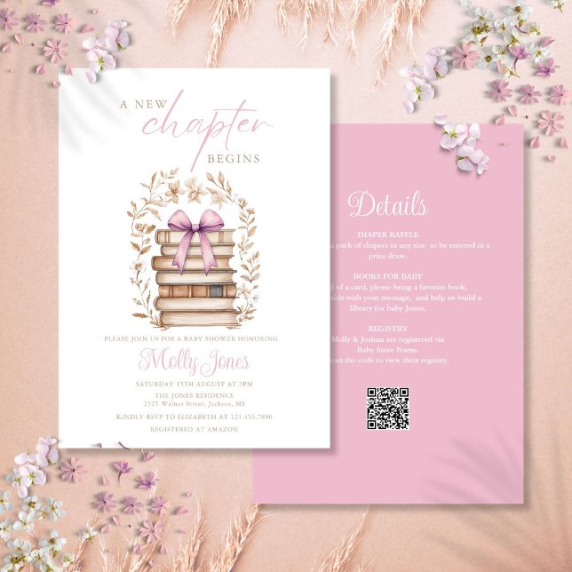 Convite de Chuvinha de Bebê Rosa História de Novo  (New Chapter Storybook Pink Baby Shower All In One Invitation)