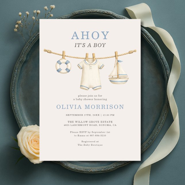 Convite de Chuvinha de Bebê Roupas de Menino Ahoy (Criador carregado)