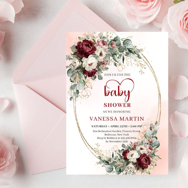 Convite de Chuvinha de Bebê Timeless Maroon Floral (Timeless Maroon Floral Gold Baby Shower Invitation)