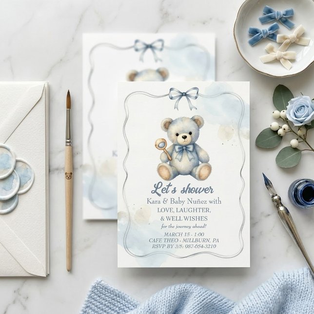 Convite de Chuvinha de Bebê Urso Teddy Azul de Aqu (Criador carregado)