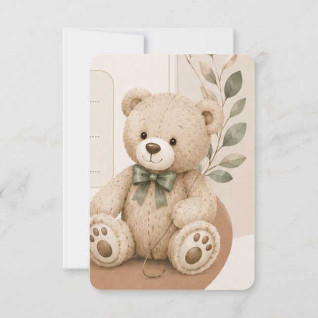 Convite de Chuvinha de Bebê Verde Oliva Urso Teddy (Verso)