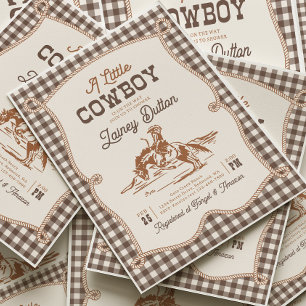 Convite de Chuvinha de Bebê Western Xadrez Marrom