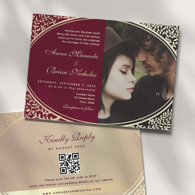 Convite de Código QR para Casamento Burgundy Elega (Criador carregado)