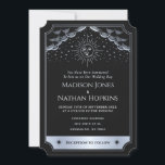 Convite de Código QR para Casamento de Silver Sun<br><div class="desc">Adicione um toque de magia celestial ao seu grande dia! Estes convites de casamento góticos antigos apresentam um design de inspiração tarot com um sol radiante, lua, estrelas e nuvens em prata contra um misterioso fundo negro. A parte de trás apresenta os detalhes do seu casamento e um Código QR....</div>