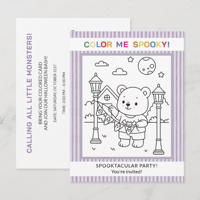 Convite de Colorir Halloween Urso Fofo & Fantasmas (Frente/Verso)