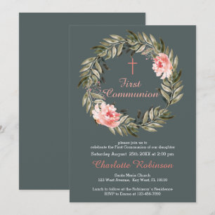 Convite de Comunhão Rosa Bege Floral Cinza