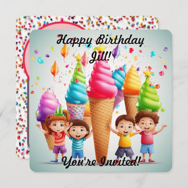 Convite de Cone de Sorvete Personalizado (Frente/Verso)