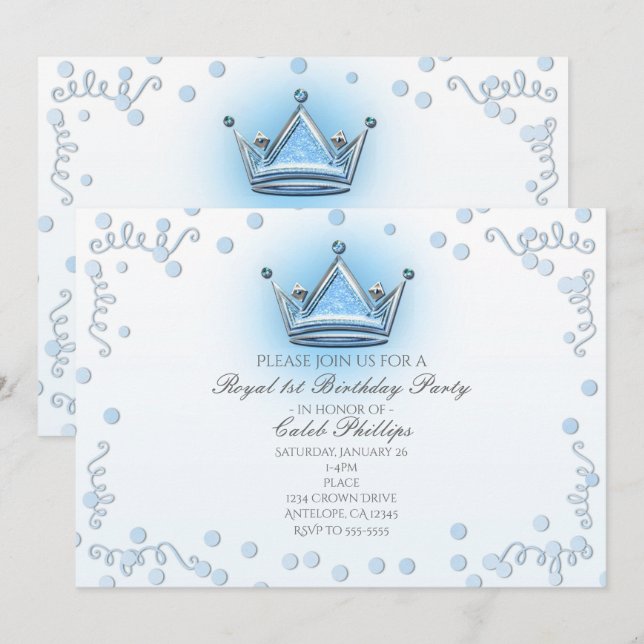 Convite de Confete de Festa Coroa Azul e Prata (Frente/Verso)