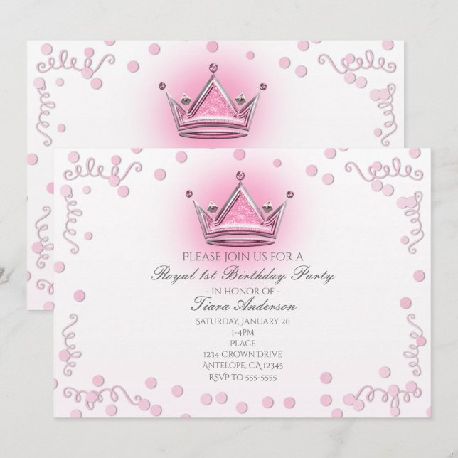 Convite de Confete de Festa Coroa Rosa e Prata (Frente/Verso)
