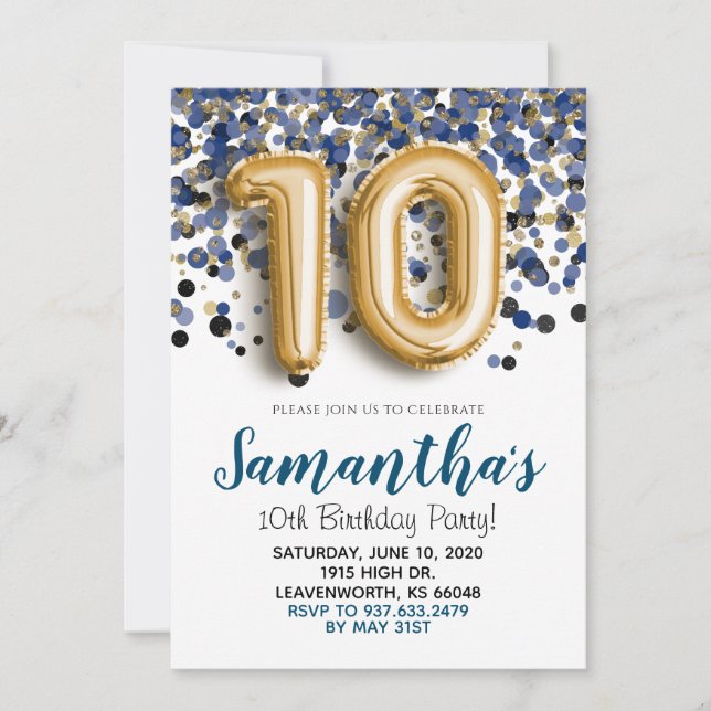 Convite de Confete Dourado de 10º Aniversário (Frente)