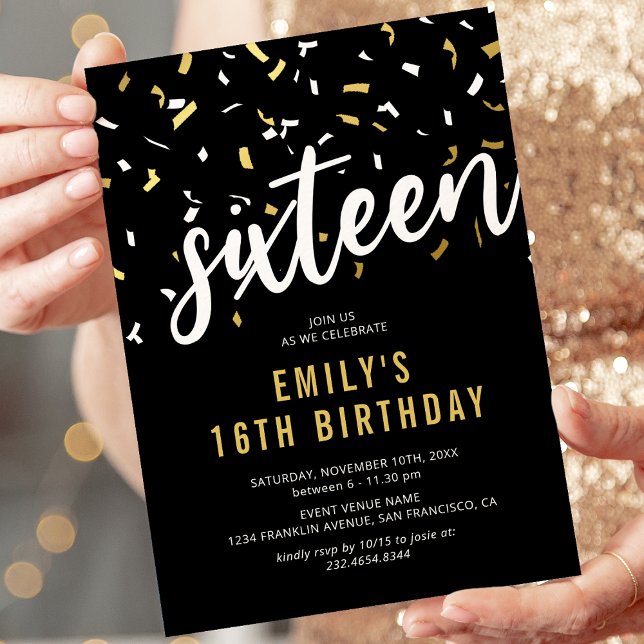 Convite de Confete Preto Dourado Sweet 16 (Criador carregado)