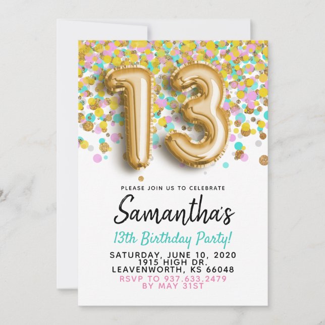 Convite de Confetes Dourados para 13º Aniversário (Frente)