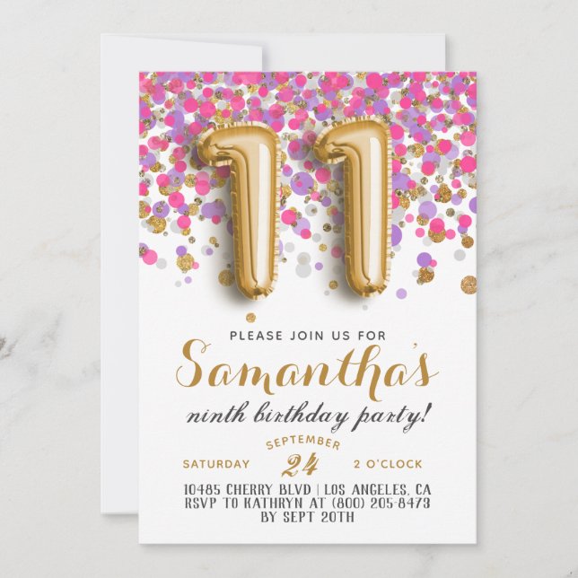 Convite de Confetes para Aniversário de 11 anos (Frente)