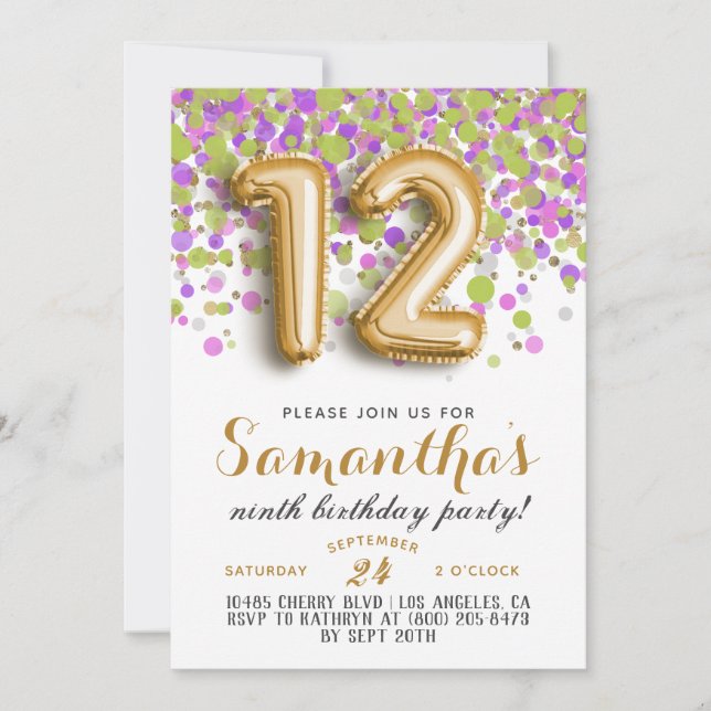 Convite de Confetes para Aniversário de 12 Anos (Frente)