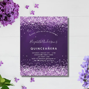 Convite de confetes rosa e roxo para festa de Quin