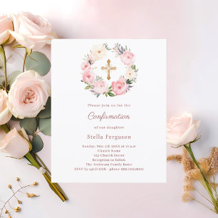 Convite de confirmação cruz floral rosa Blush