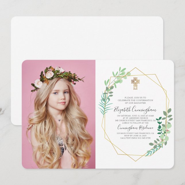 Convite de Confirmação Cruzada de Folhagem Geométr (Frente/Verso)