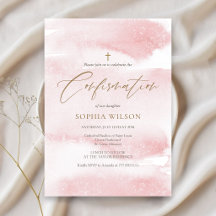 Convite de Confirmação de Menina em Aquarela Rosa