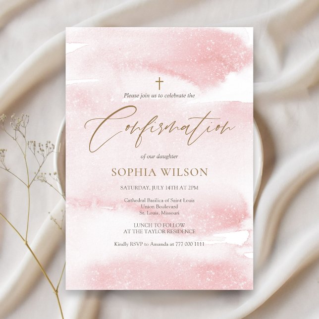 Convite de Confirmação de Menina em Aquarela Rosa  (Dusty Pink Watercolor Girl Confirmation Invitation Card)