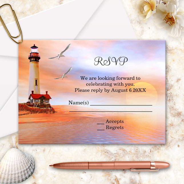 Convite de Confirmação de Presença para Casamento  (Wedding RSVP invitation or enclosure card with a painting of a lighthouse at the beach)