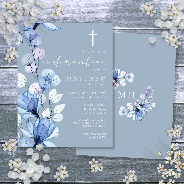Convite de Confirmação Dourada Floral Azul Dusty (Dusty Blue Floral Gold Confirmation Invitation Postcard)