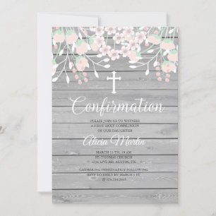 Convite de confirmação floral em madeira em cinza 