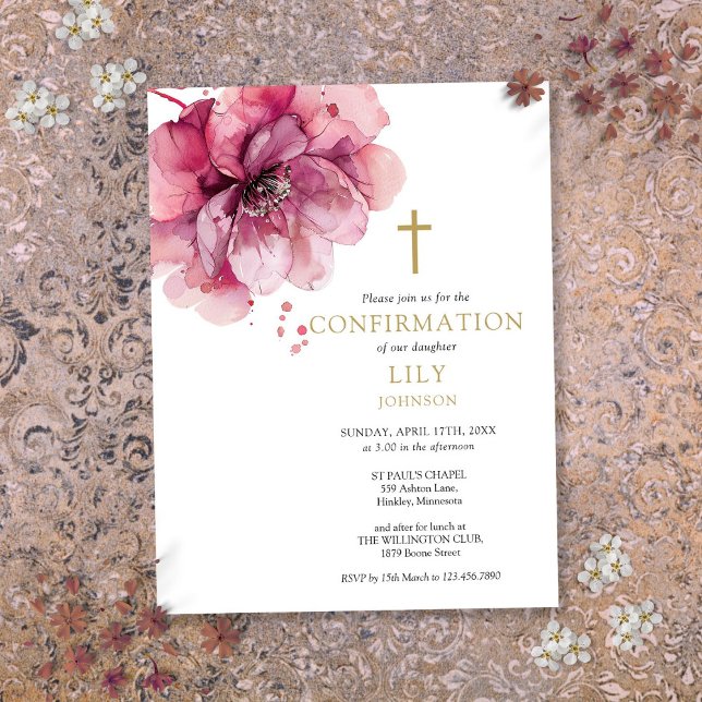 Convite de Confirmação Floral Rosa Aquarela (Watercolor Pink Floral Confirmation Invitation Postcard)