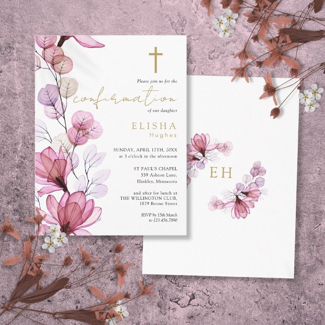 Convite de Confirmação Floral Rosa Pó Dourado (Dusty Rose Floral Gold Confirmation Invitation Postcard)
