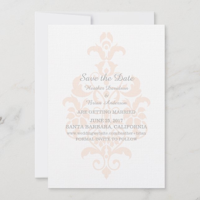 Convite de Coral Subtle Damask para Salvar a Data (Frente)