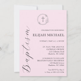 Convite de Coroa de Cruz para Batismo Rosa Elegant