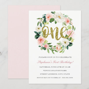 Convite de Coroa Floral em Dourado Rosado para Pri