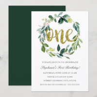Convite de Coroa Floral Verde Dourada para Primeir