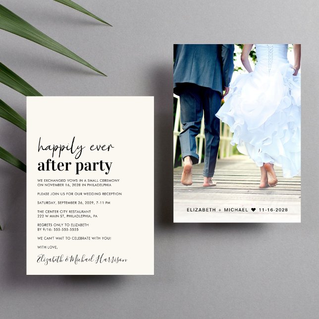 Convite de Creme de Recepção de casamento de Fotog (An chic Happily Ever After Party invitation for your wedding celebration)