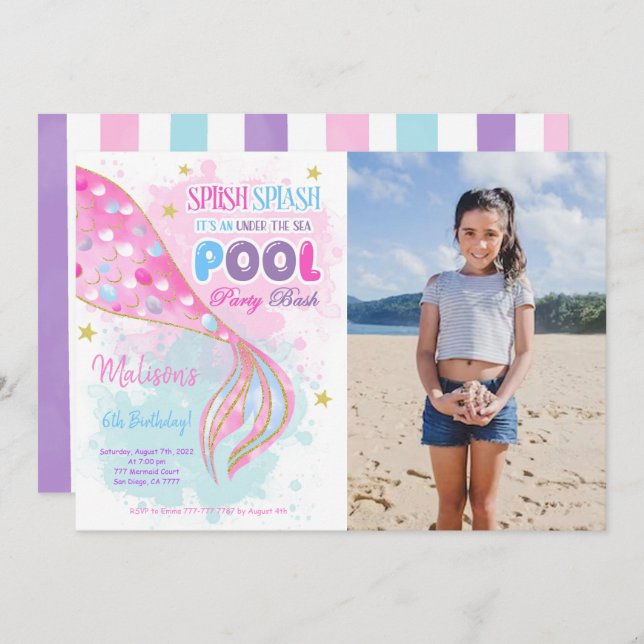 Convite de crianças Mermaid & Pool Com Foto (Frente/Verso)