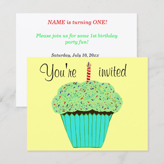 Convite de Cupcake Verde para 1º Aniversário PERSO (Frente/Verso)