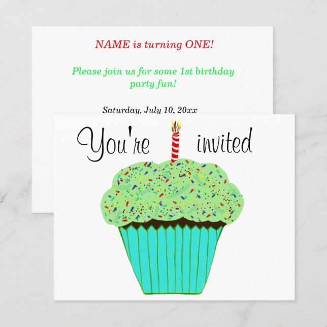Convite de Cupcake Verde para 1º Aniversário PERSO (Frente/Verso)