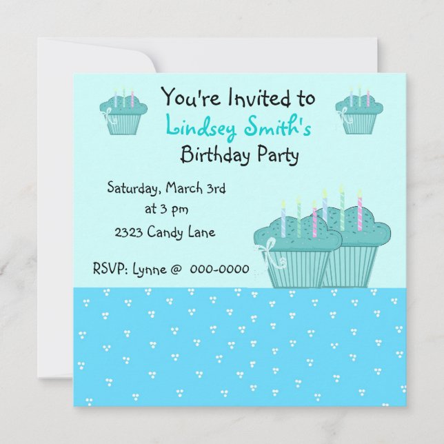 Convite de Cupcakes de Aniversário Azuis Fofos (Frente)