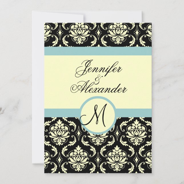 Convite de Damask Monograma Casamento Creme Azul (Frente)